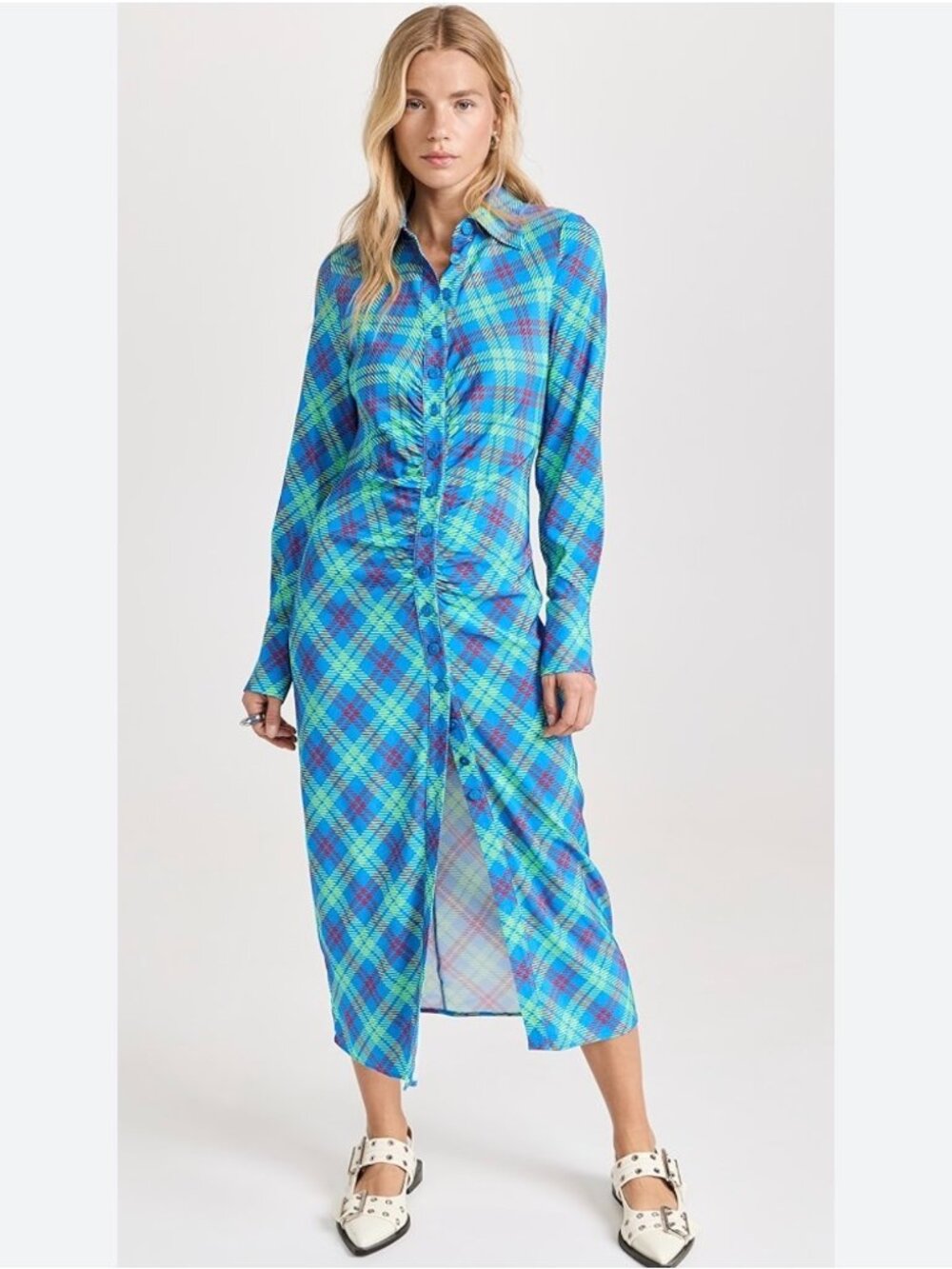 KITRI lennox Check Ruched Shirt Long Dress Women 8 Blue Midi Long Sleeves Stretc